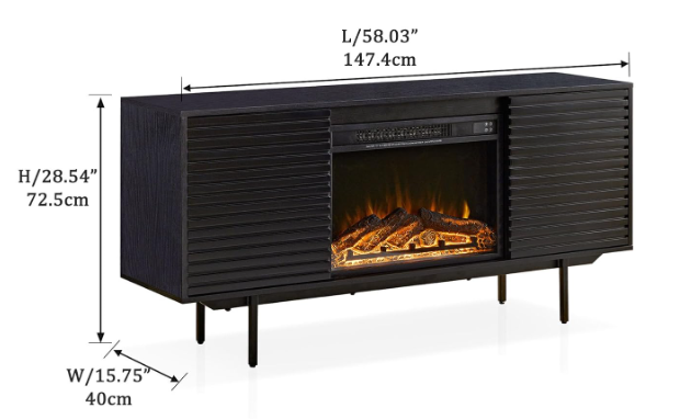 W9986B The whole cabinet is made of black oak board, the middle layer board on both sides of the cabinet can be adjusted, the furnace is embedded in the middle grid with the remote control