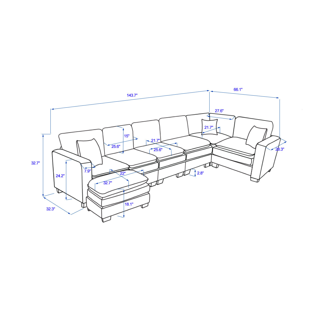 Modern U Shaped 6-seat Sectional Sofa Couch with one Ottoman and three toss pillows ,Modular Sofa for Living Room,Corduroy sofa