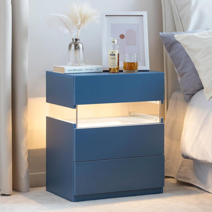 LED Nightstands Acrylic Board LED Bedside Tables for Bedroom End Table with 3 Drawer Dresser for Bedroom Living Room Bedside Furniture (Blue)