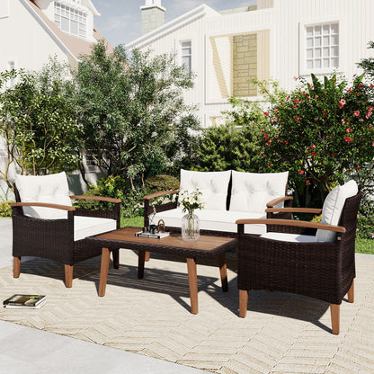 GO 4-Piece Garden Furniture,  Patio Seating Set, PE Rattan Outdoor Sofa Set, Wood Table and Legs, Brown and Beige