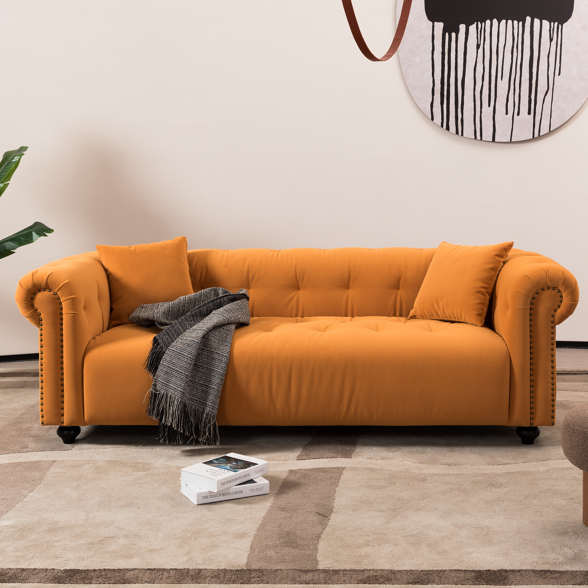 WKS12 Retro medieval style sofa, orange, full installation only needs to install feet can be used, with 2 throw pillows