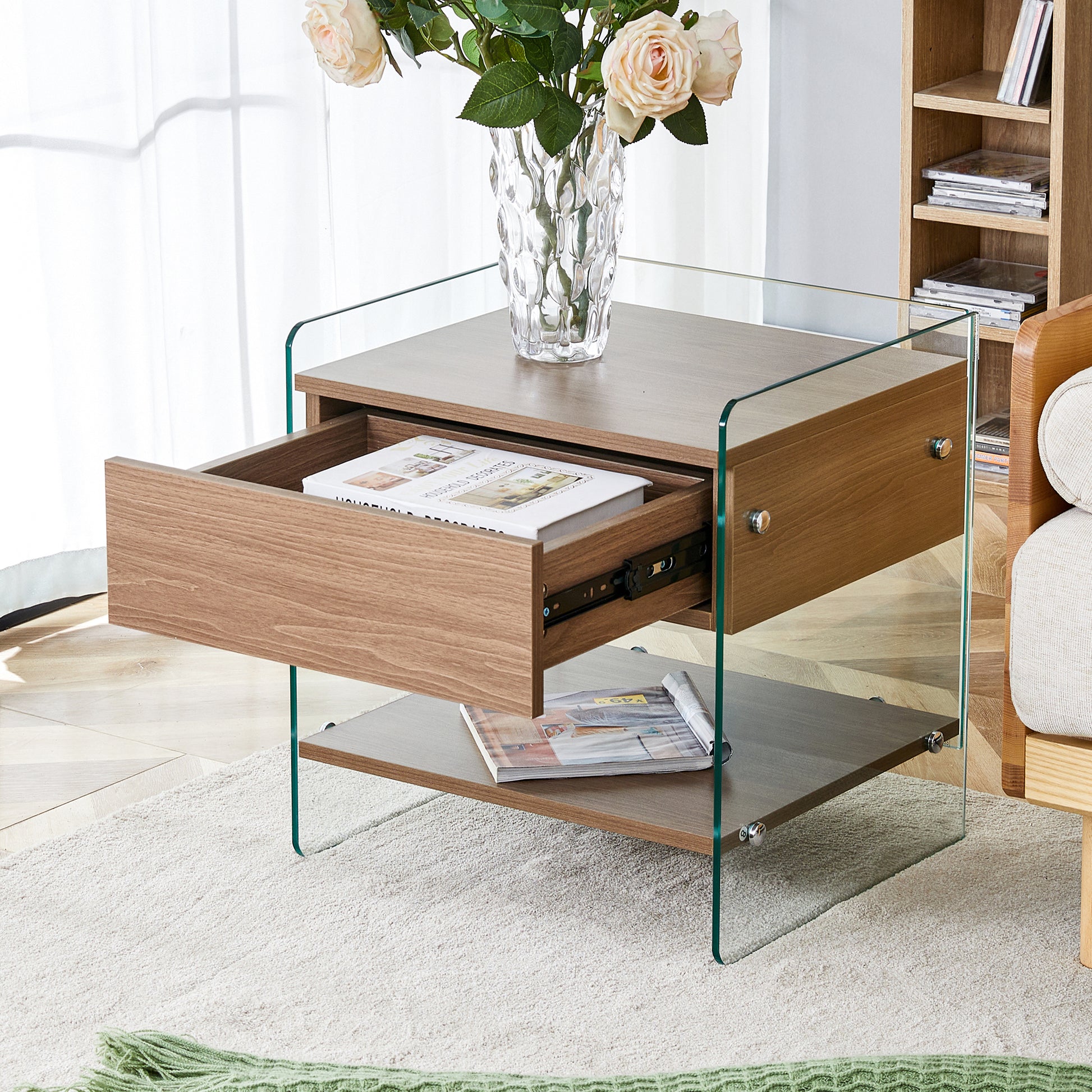 Bedside table with drawers. The board surface is MDF sticker, and both sides are transparent tempered glass. The design is simple and elegant, with excellent storage functions.