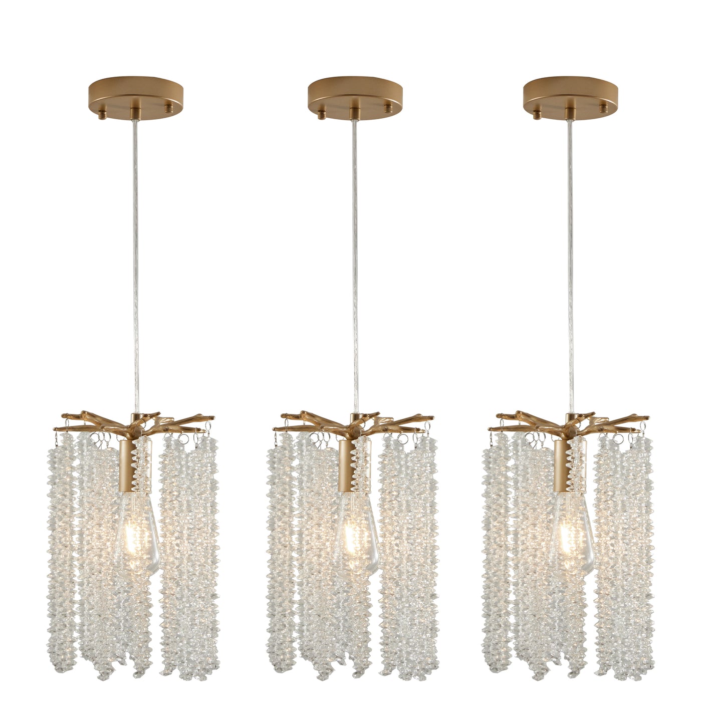 Luxury 3-Pack Crystal Pendant Lights, Elegant Golden Finish Chandelier with Waterfall Bead Design (No Bulbs)