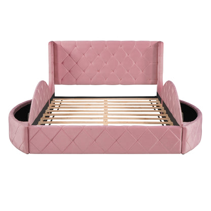 Upholstered Platform Bed Queen Size Storage Velvet Bed with Wingback Headboard and 1 Big Drawer,2 Side Storage Stool(Pink)