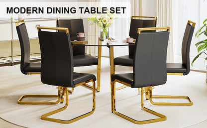 Table and chair set.Modern Luxurious Round Tempered Glass Dining Table Set-40*40 inch with 6 Black PU Chairs.C-tube Gold Metal Chair Legs.Bring a comfortable home experience to the kitchen, bedroom.