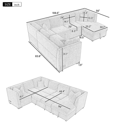 108.6" U-shaped Sectional Sofa Pull out Sofa Bed with Two USB Ports, Two Power Sockets, Three Back Pillows and a Storage Chaise for Living Room, Black