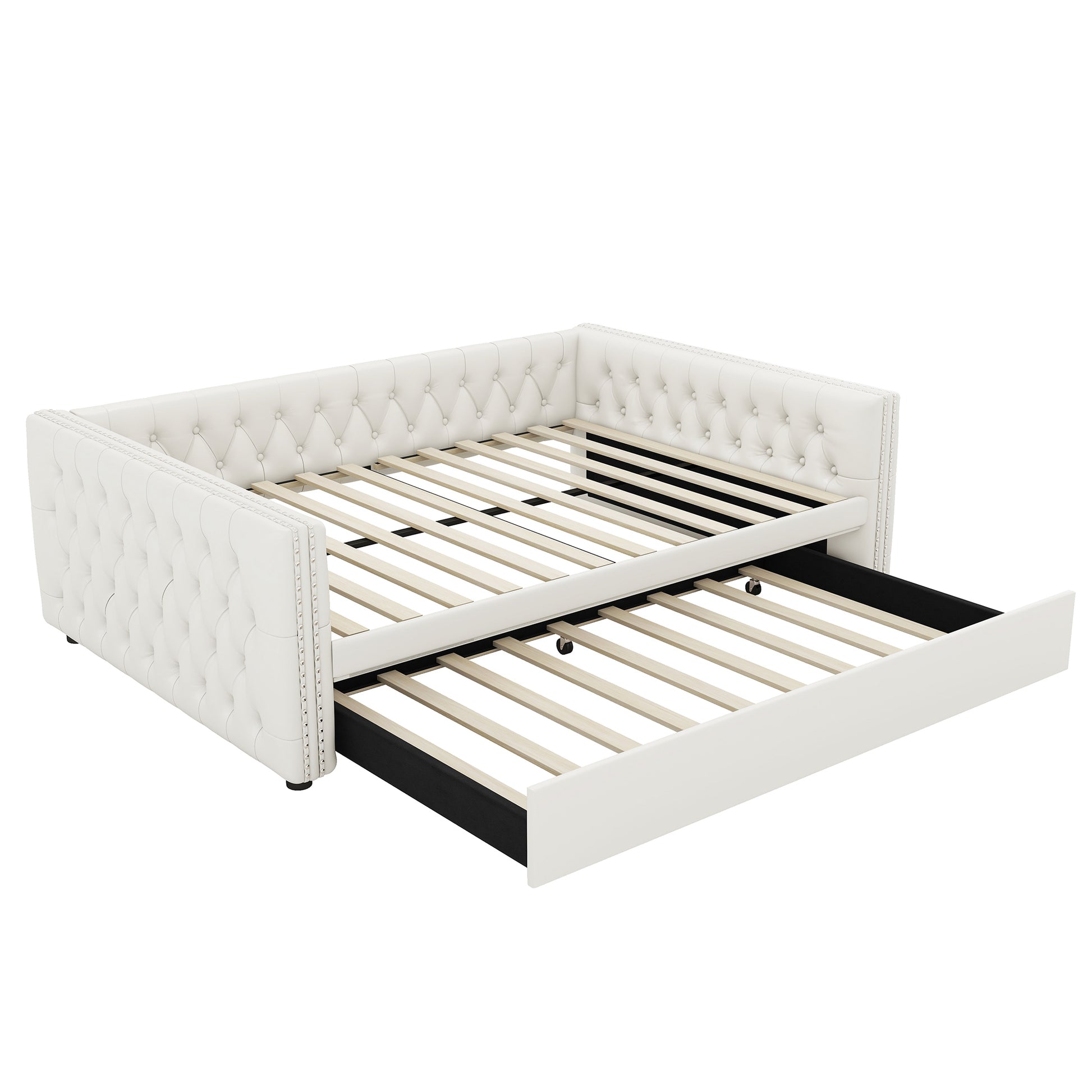 Full Size Daybed, Upholstered Tufted Sofa Bed with Trundle, Daybed with Button & Copper Nail on Square Arms, Full Daybed with Twin Trundle, White