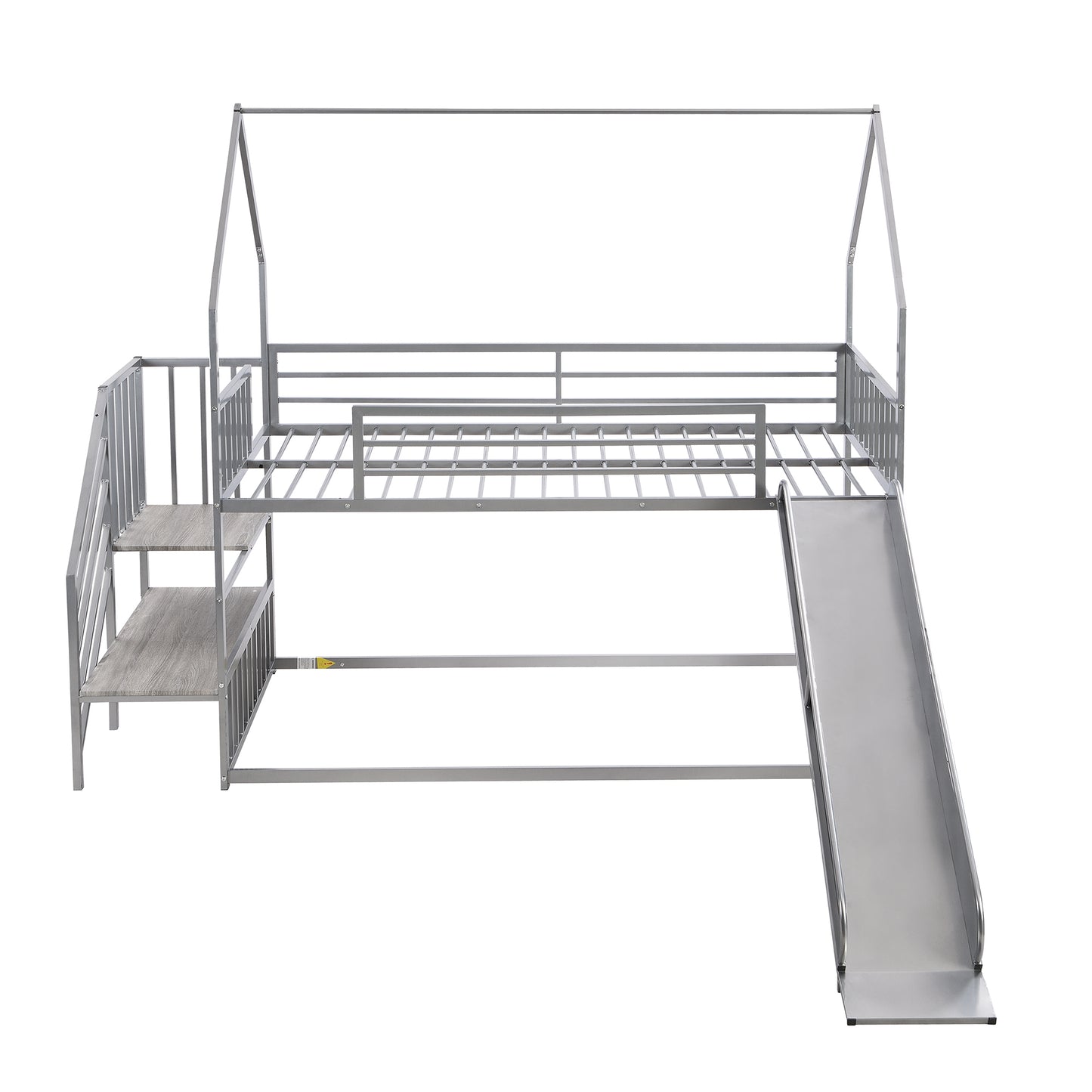 Twin over Twin Metal Bunk Bed House Bed with Slide and Staircase, Silver