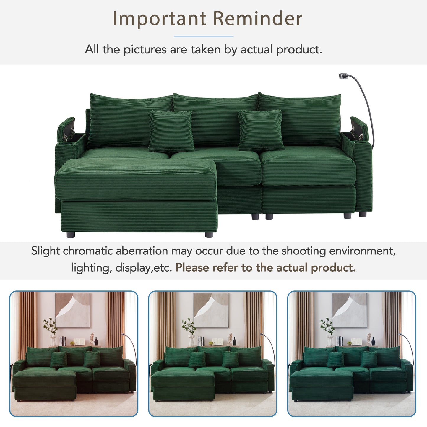 95.3" Modern Style 3-Seater Sofa Sectional Sofa Couch with Storage Space, A Movable Ottoman, Two USB Ports, Two Cup Holders, A Phone Holder for Living Room, Green