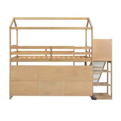 Twin Size Wood House Loft bed with Slide, Storage shelves and Light, Climbing Ramp, Wood Color