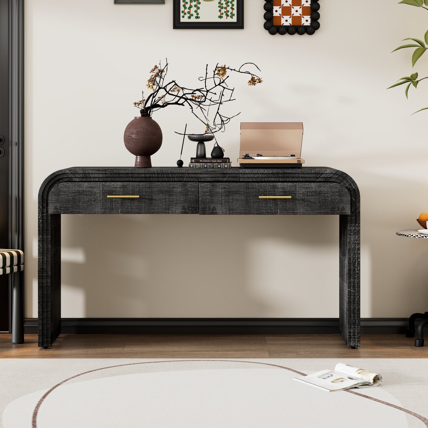 TREXM Unique Retro Silhouette Console Table with Open Style, Two Top Drawers for Entrance, Dinning Room, Living Room (Antique Black)