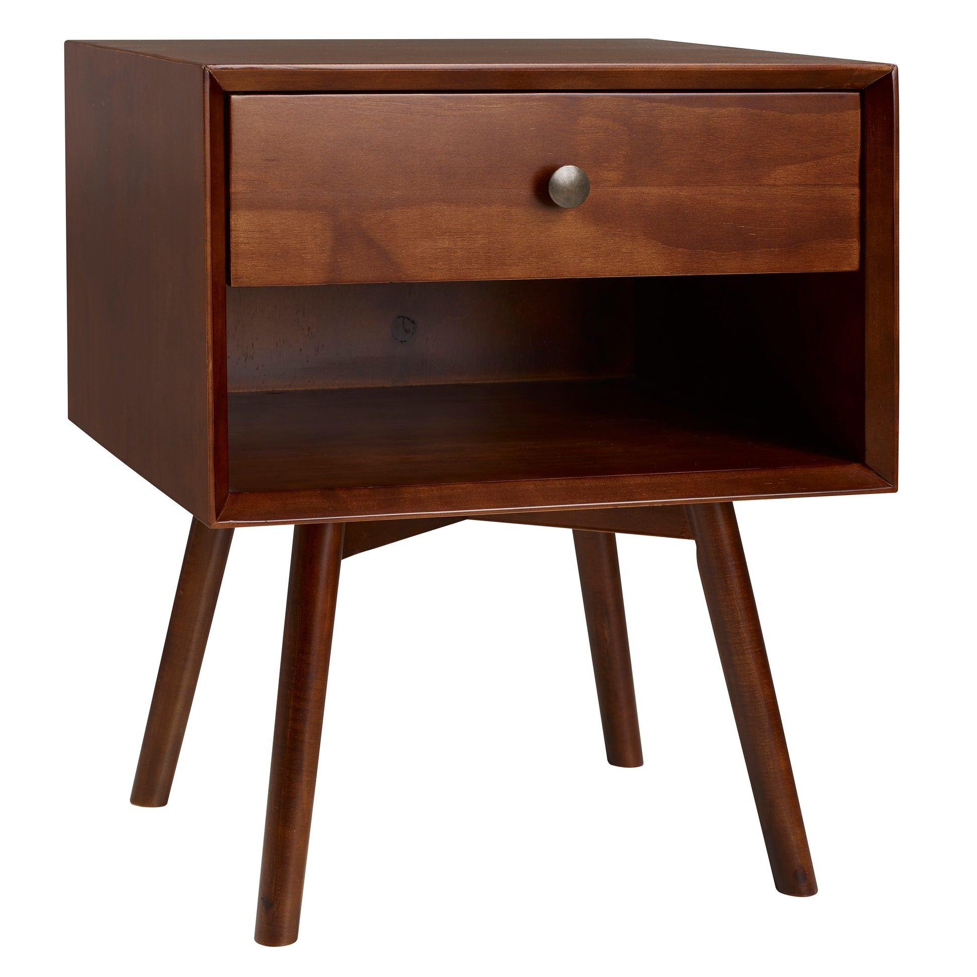 Mid-Century Modern Single-Drawer Solid Wood Nightstand - Walnut