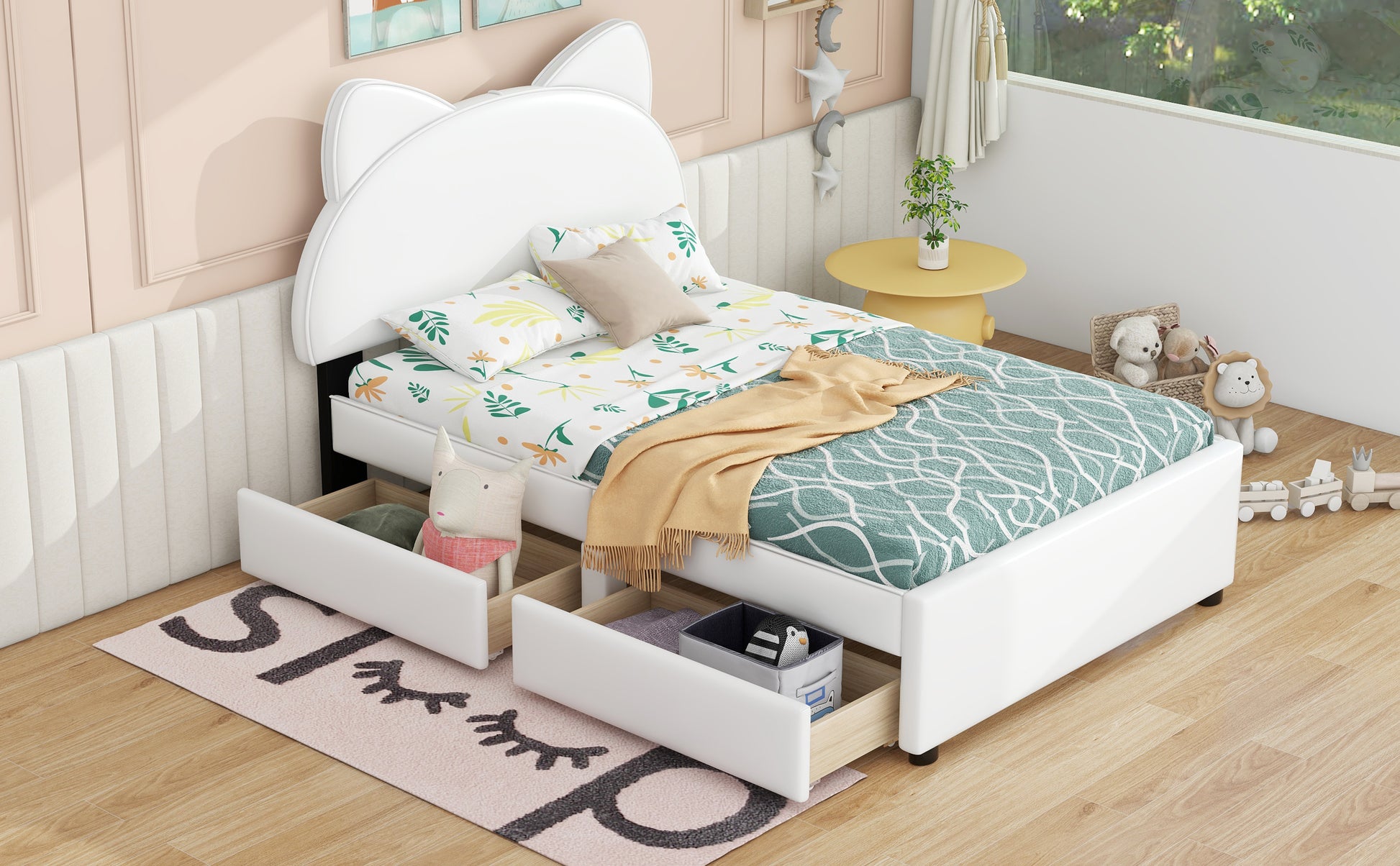 Twin Size Upholstered Platform Bed with Cartoon Ears Shaped Headboard and 2 Drawers, White