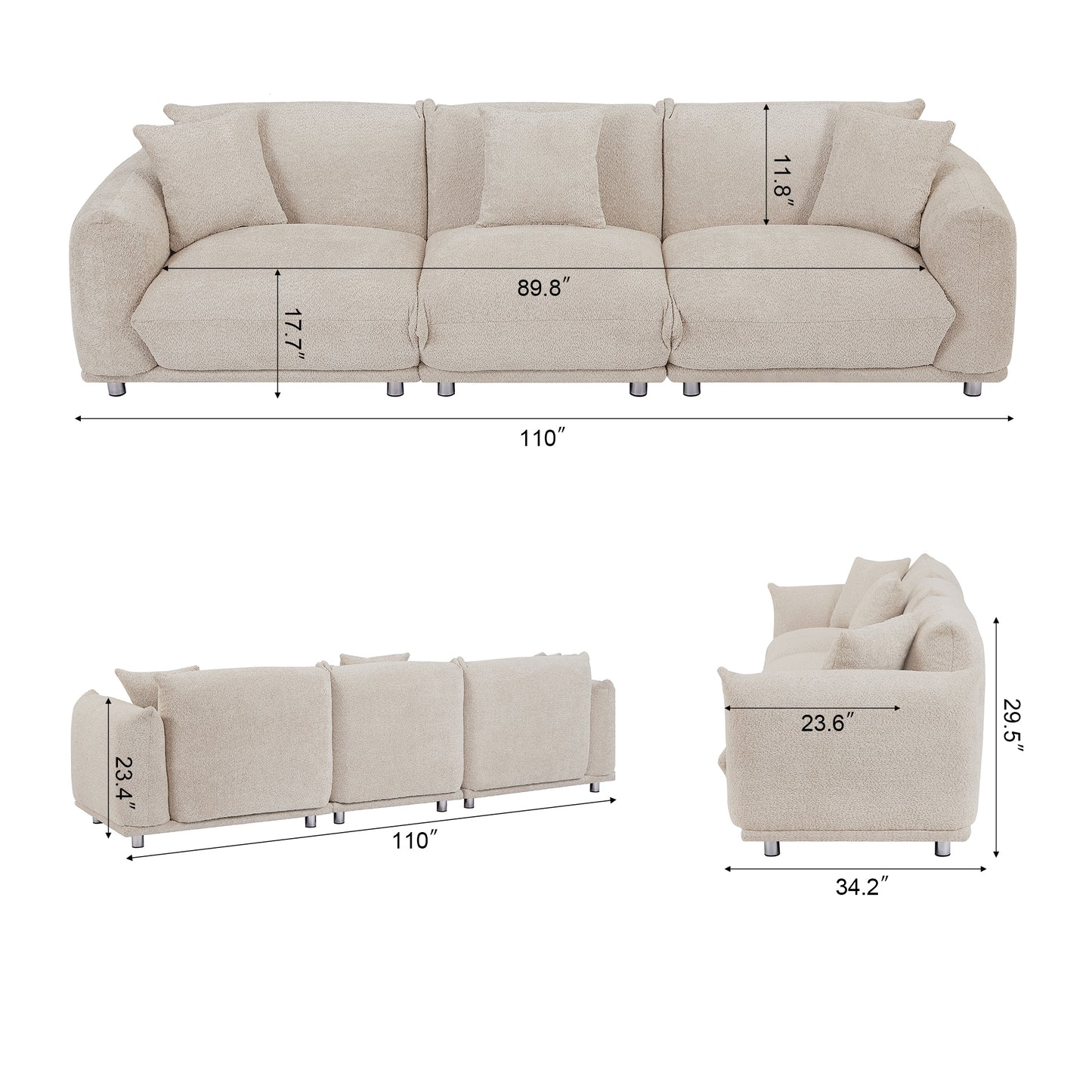 Originality Shapes Camel Lambswool Sherpa 4 Seater Sofa With Metal Legs, Solid Wood Frame Couch with 3 Pillows, Linear and Modular Version Design, Possibility Combined Armchair Current Style