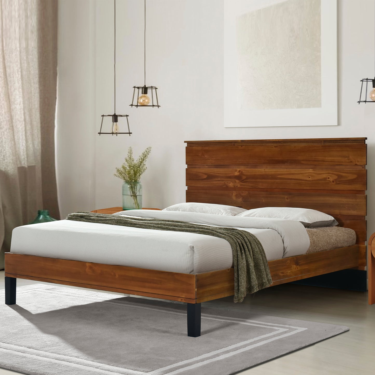 Mid-Century Modern Solid Wood Bed Frame Queen Size Platform Bed with Six-Piece Headboard Design, No Box Spring Needed, Brown