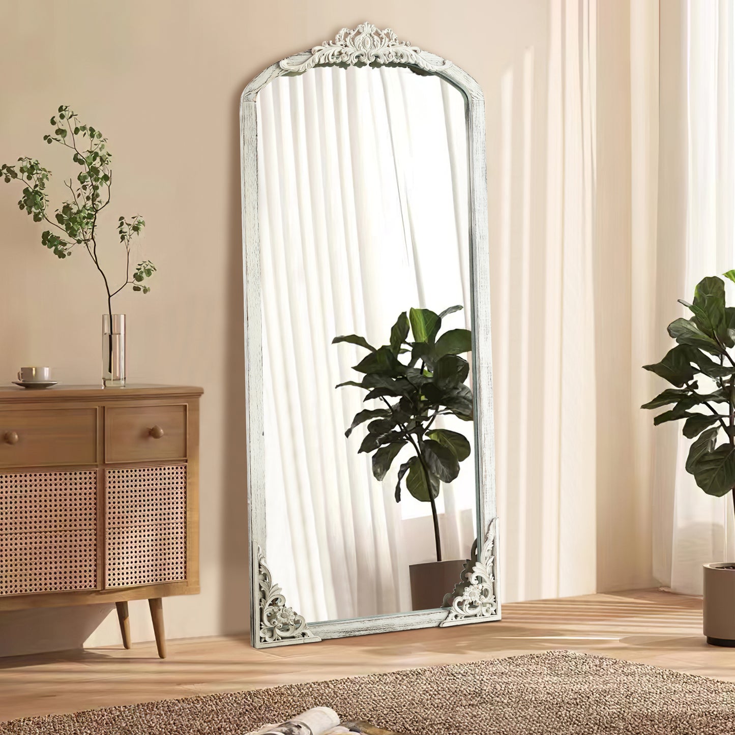 Solid wood carved right angle micro arch weathered white full-length mirror 67 * 28 * 1 inch Bathroom Vanity Mirror for Bedroom Entryway, Living/Dressing Room