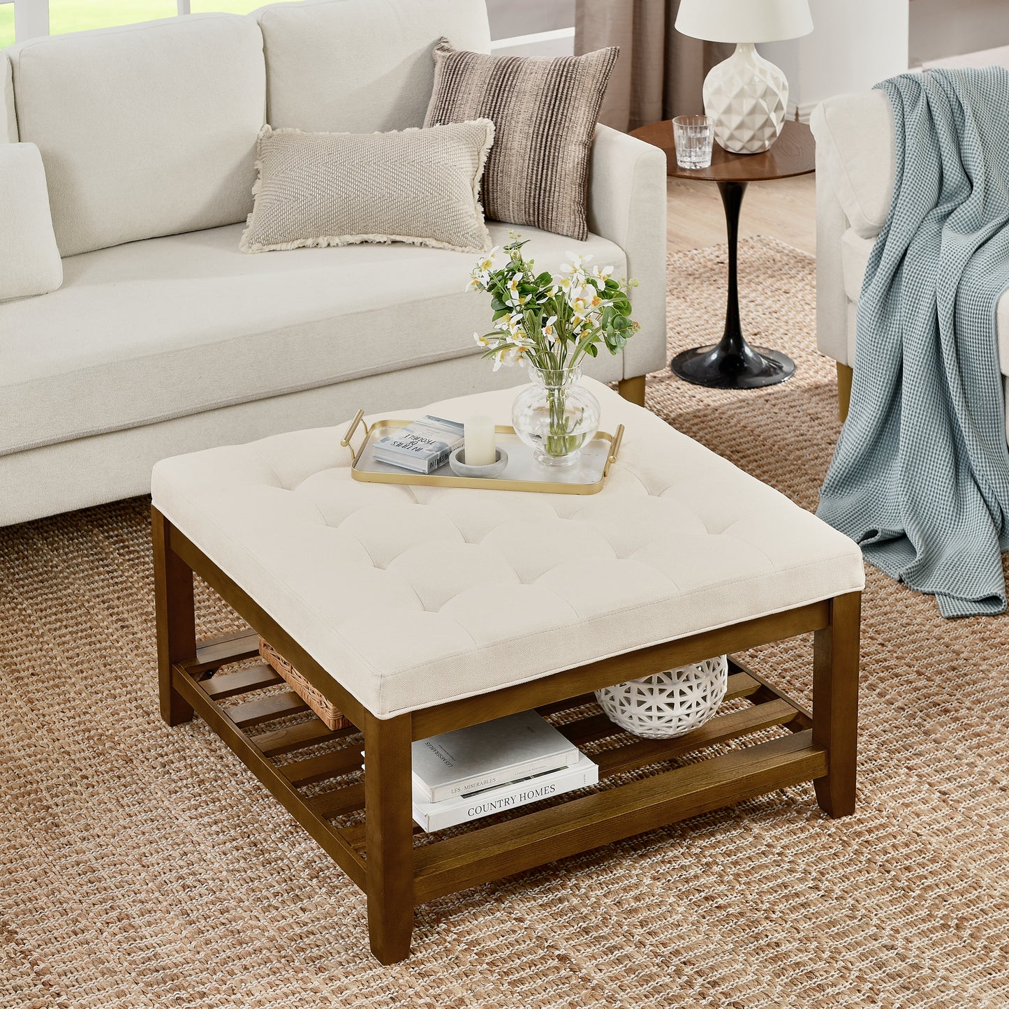 Upholstered Coffee Table Tufted Linen Large Square Ottoman with Beech Wood Shelf and Frame, Oversized Footrest Ottoman for Living Room,Office,Bedroom,Outdoor  IVORY