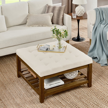 Upholstered Coffee Table Tufted Linen Large Square Ottoman with Beech Wood Shelf and Frame, Oversized Footrest Ottoman for Living Room,Office,Bedroom,Outdoor  IVORY