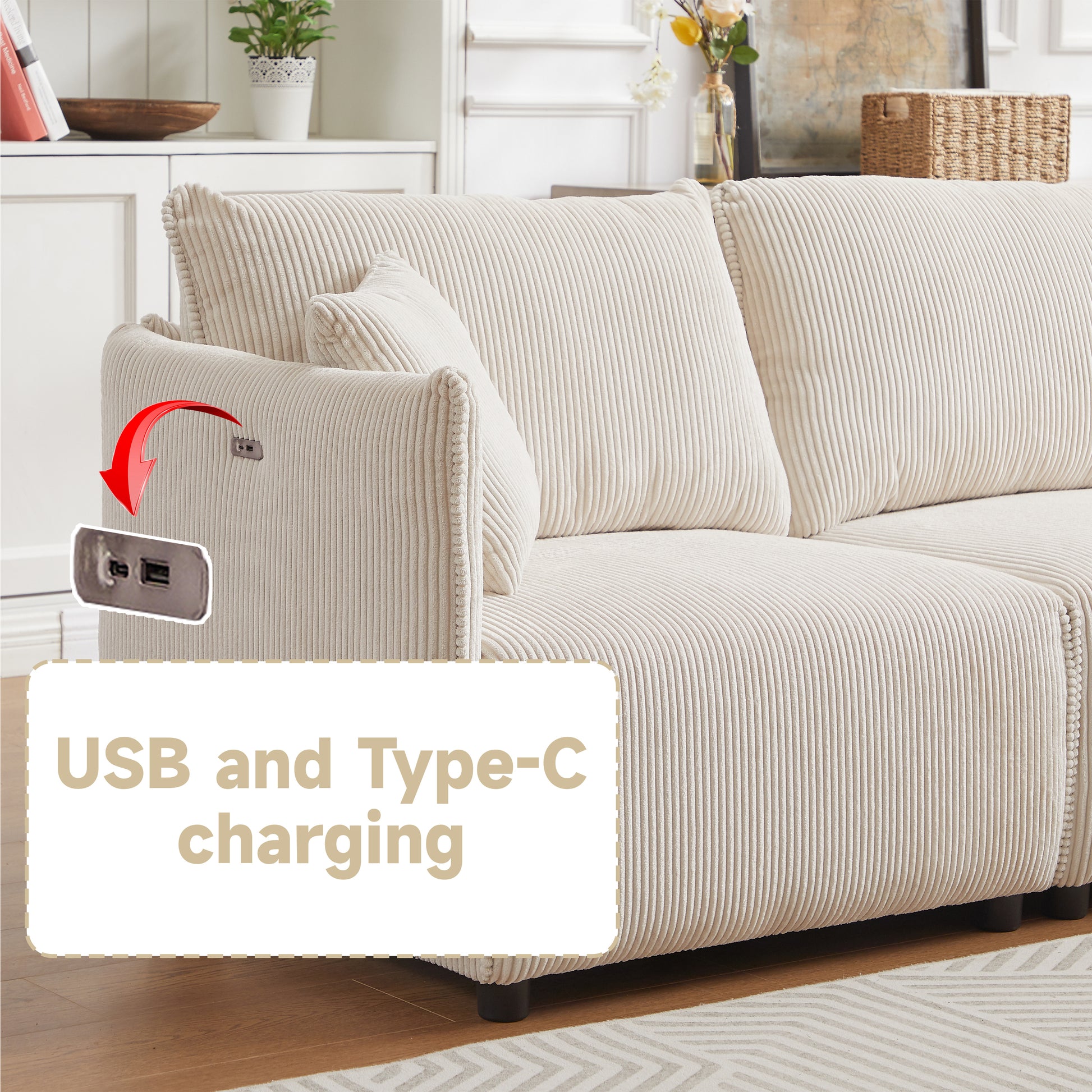 106" Multi-Module Combination Style Sofa for Living Room, Bedroom and Other Lounge Spaces, Modern Minimalist Corduroy Combination Sofa with 2 Comfort Cushions with USB & C Charging Ports,beige