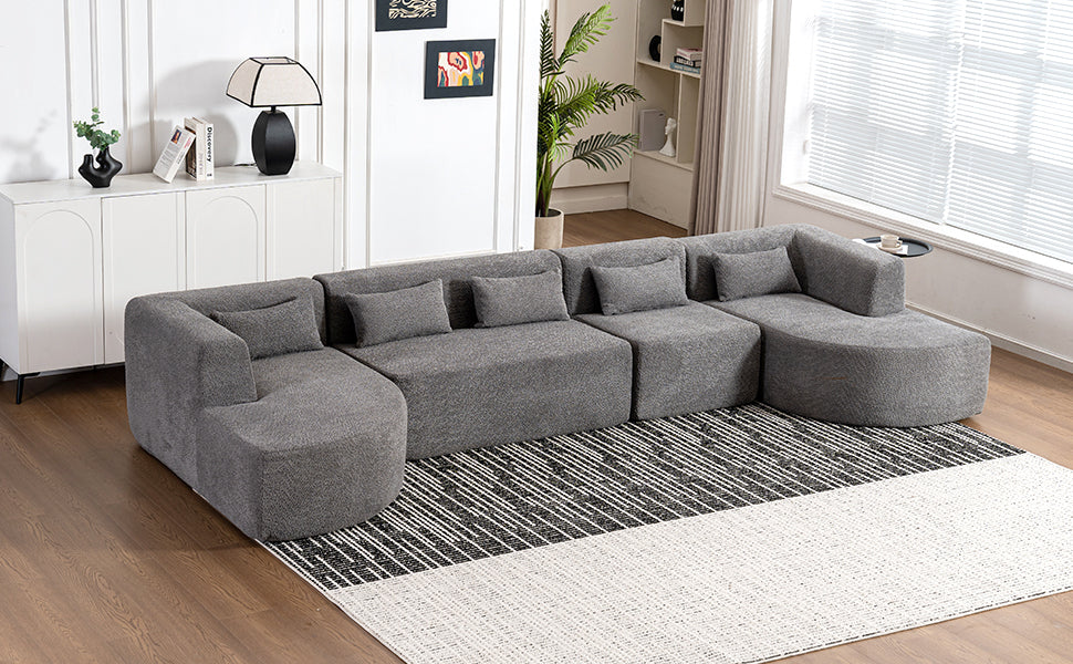 143.7" Upholstered Sofa Free-combined Sofa Couch with Two Chaise Lounge and Five Back Pillows for Living Room, Light Gray