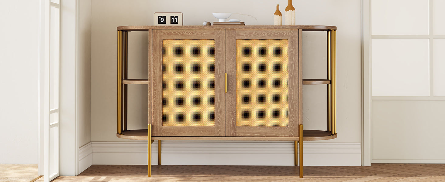 TREXM 2-Door Elegant Curved Dining Cabinet with Gold Trim and Woven Rattan Doors for Dining Room (Natural)