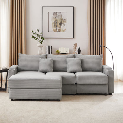 95.3" Modern Style 3-Seater Sofa Sectional Sofa Couch with Storage Space, A Movable Ottoman, Two USB Ports, Two Cup Holders, A Phone Holder for Living Room, Grey