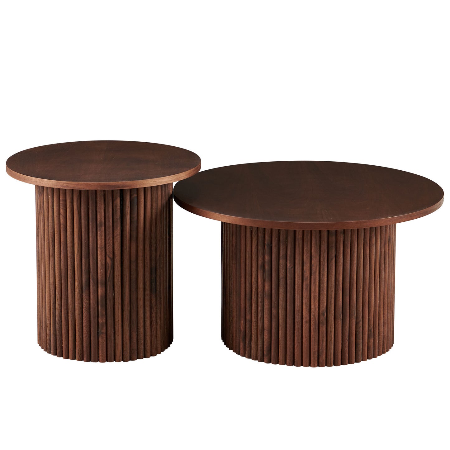 Walnut Wood Veneer Tabletop, Set of 2 Round Coffee Tables, Farmhouse Circle Coffee Table MDF Table-top with Metal Base, Sofa Side Table for Living Room, Reception Room