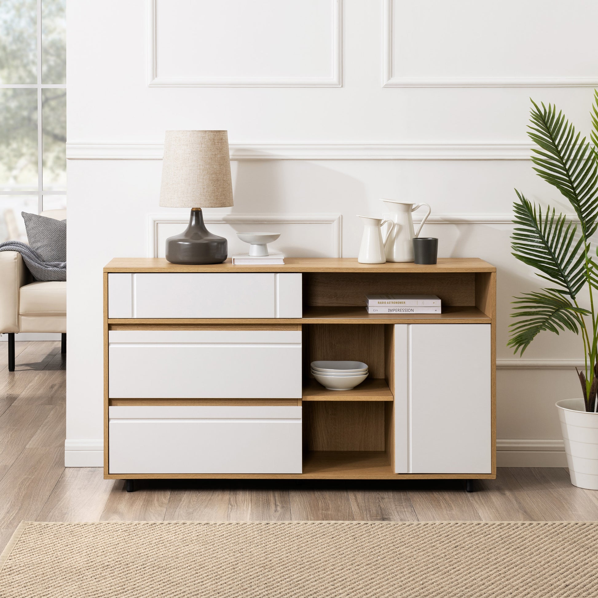 Contemporary Detailed-Door Sideboard with Open Storage – Coastal Oak / Solid White