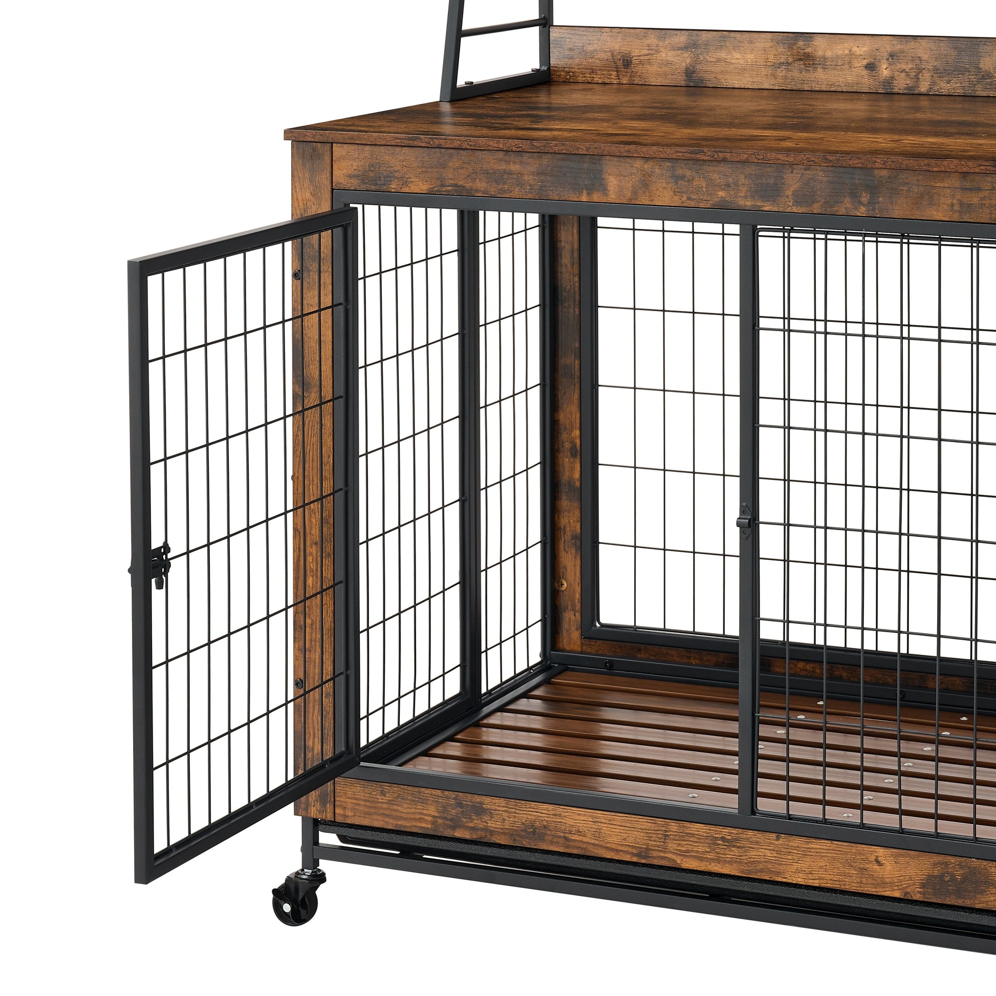 Furniture type dog cage iron frame door with cabinet, two door design, Rustic Brown,37.99"WX27.36"DX59.92"H