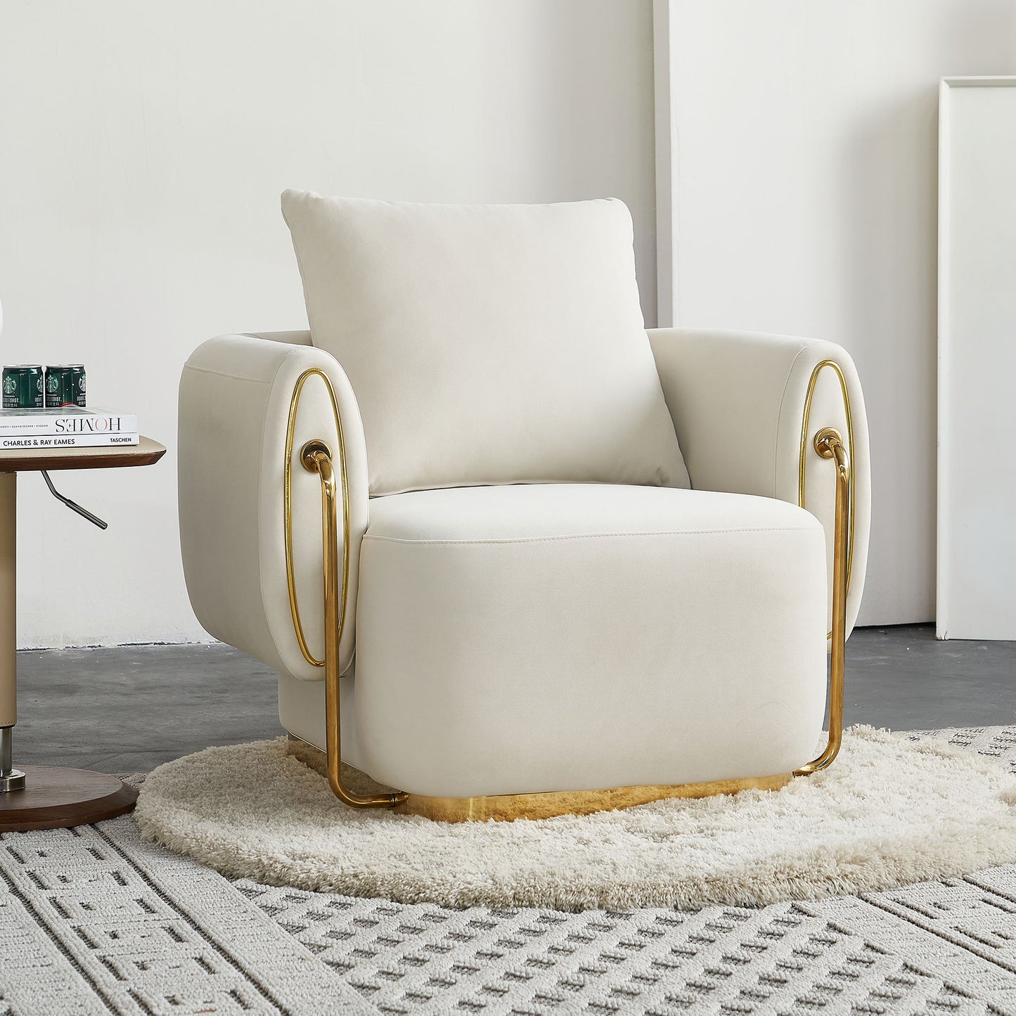 35.83'' W Luxury Modern Single Chair,Accent Chair,Arm Chair for Living Room,Bedroom,Waiting Room,Stainless Steel frame and base in Gold color,Upholstered Soft Velvet Beige Color