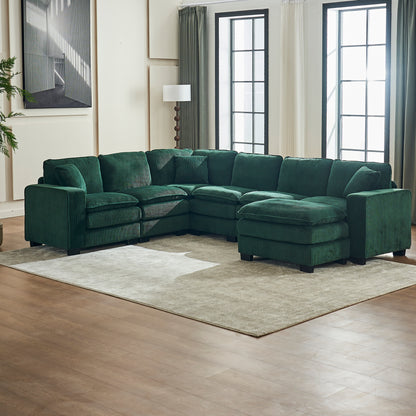 Modern U Shaped 6-seat Sectional Sofa Couch with one Ottoman and three toss pillows ,Modular Sofa for Living Room,Corduroy sofa