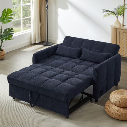 52.8" Loveseat Sofa Pull-out Sofa Bed Tufted Sleeper Sofa with an Adjustable Backrest, Three USB Ports and Two Lumbar Pillows for Living Room, Blue