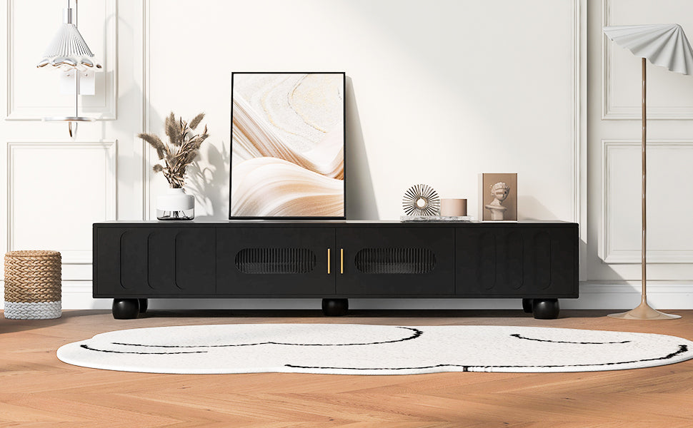 U-Can Modern TV Stand for TVs up to 80 Inches, Entertainment Center with Glass Door, 2 Drawers and Cabinets, Wood TV Storage Cabinet with Solid Wood Legs and Metal Handles for Living room