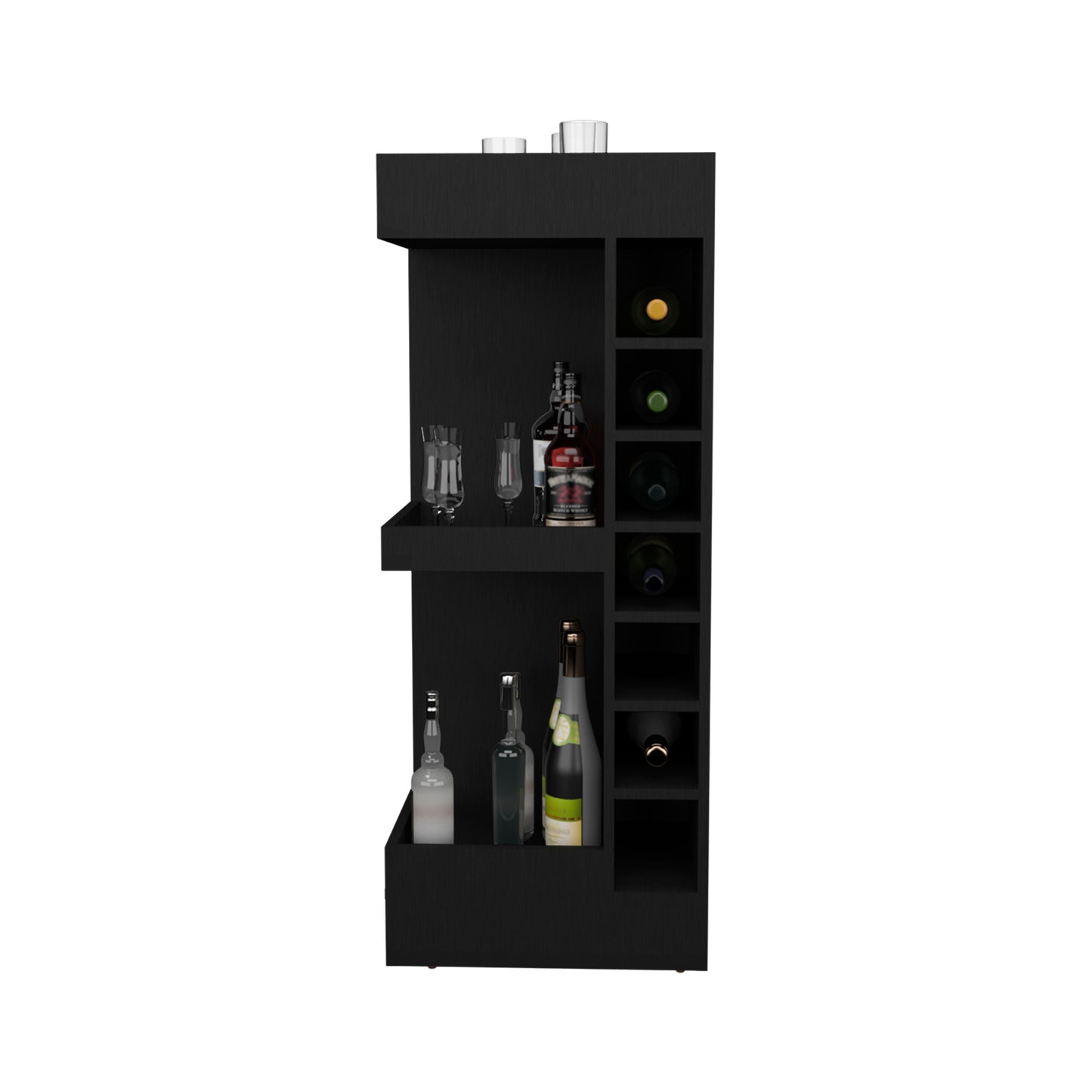 Lyman 46" Tall 3-Tier Corner Bar Cabinet with Fourteen Wine Bottle Cubbies, Living Room, Liquor Cabinet, Storage Cabinet Black