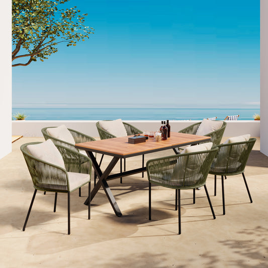 GO 7 Pieces Patio Dining Set, All-Weather Outdoor Furniture Set with Dining Table and Chairs, Acacia Wood Tabletop, Metal Frame, for for Garden, Backyard, Balcony, Green