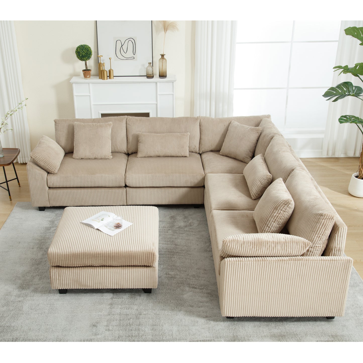 Oversized Modular Sectional Sofa Set, Corduroy Upholstered Deep Seat Comfy Sofa for Living Room, 6 Seat, Brown