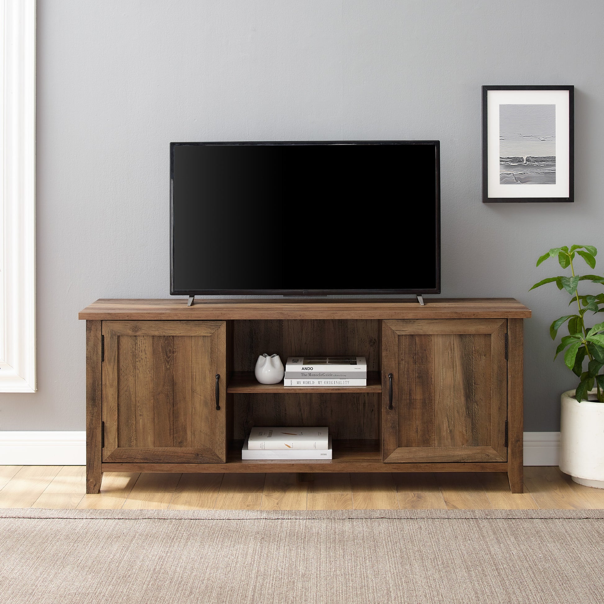 Classic Grooved-Door TV Stand for TVs up to 65" - Rustic Oak