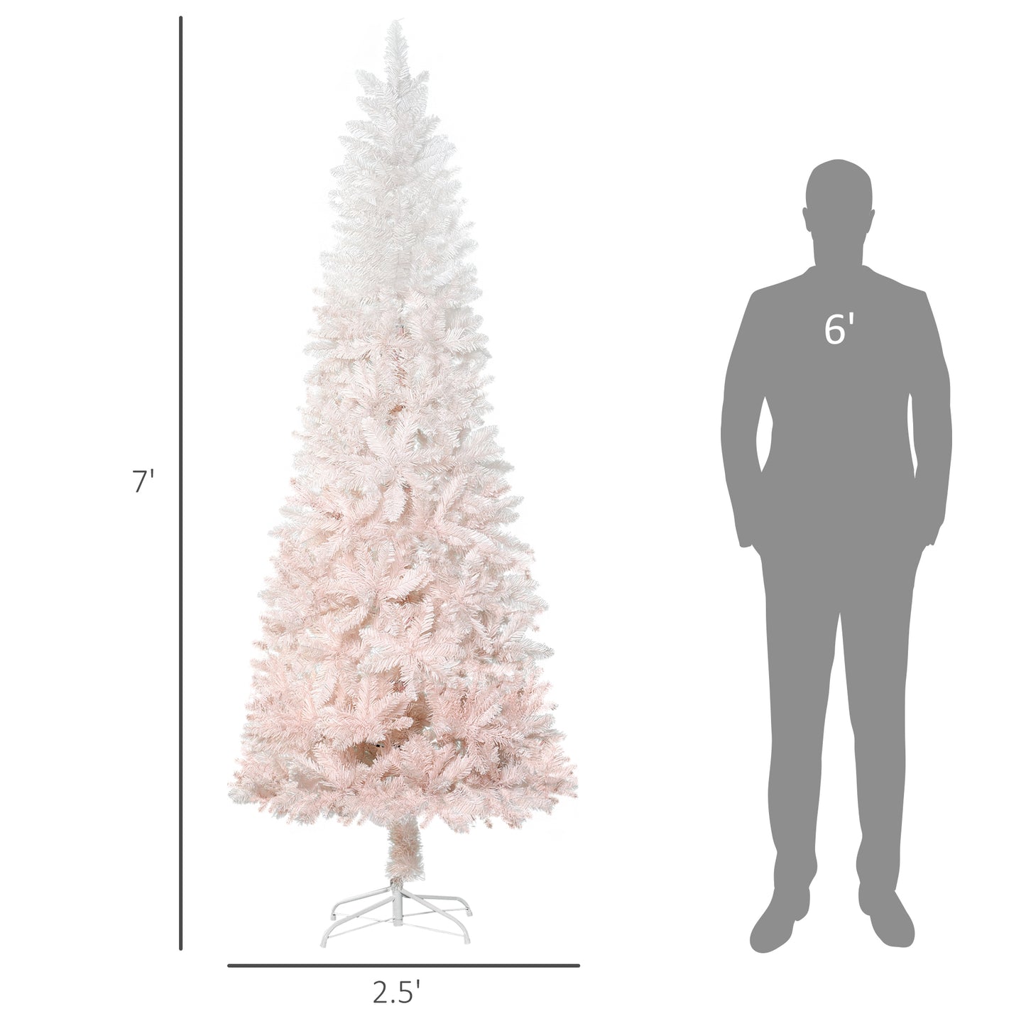 HOMCOM 7' Tall Unlit Pencil Fir Artificial Christmas Tree with Realistic Branches and Steel Base, Pink and White