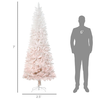 HOMCOM 7' Tall Unlit Pencil Fir Artificial Christmas Tree with Realistic Branches and Steel Base, Pink and White