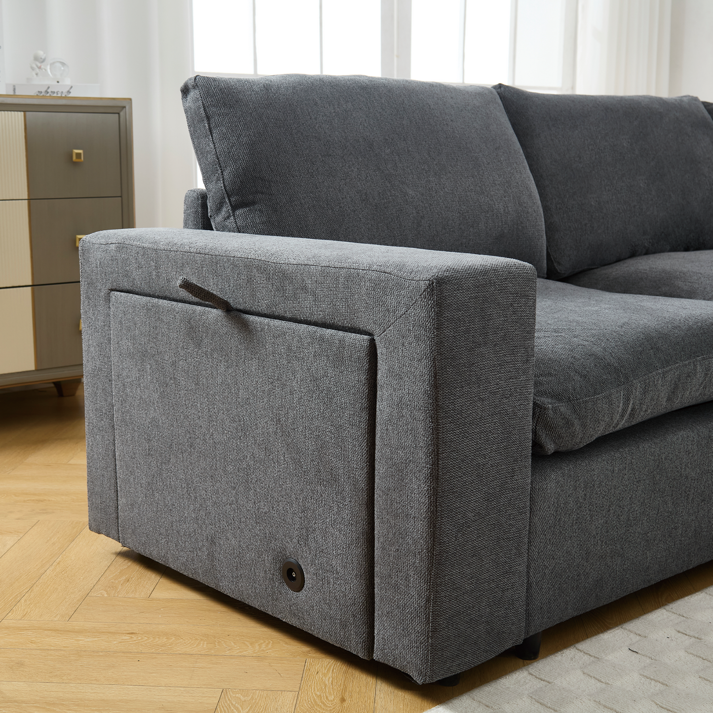 [NEW ARRIVED] [VIDEO PROVIDED]Sectional Couches For Living Room,Modular Couch,Wireless Charging Port & Cup Holders,5-seat ,DIY Combination,L-shaped Sofa,Book Storage Space,Soft Linen Fabric,Gray