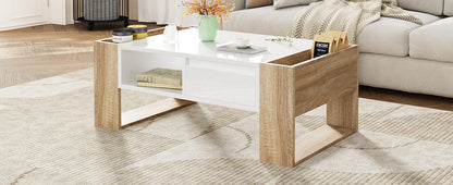 ON-TREND High Glossy Coffee Table with 2 Drawers, Practical Two Tone Center Table with Hidden Compartments, Rectangle Cocktail Table with Open Storage Shelf for Living Room, Bedroom, White, 41.3*23.6"