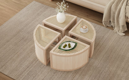 Round to Square Block Modular Coffee Table Light Natural Rattan with Storage 4 Piece