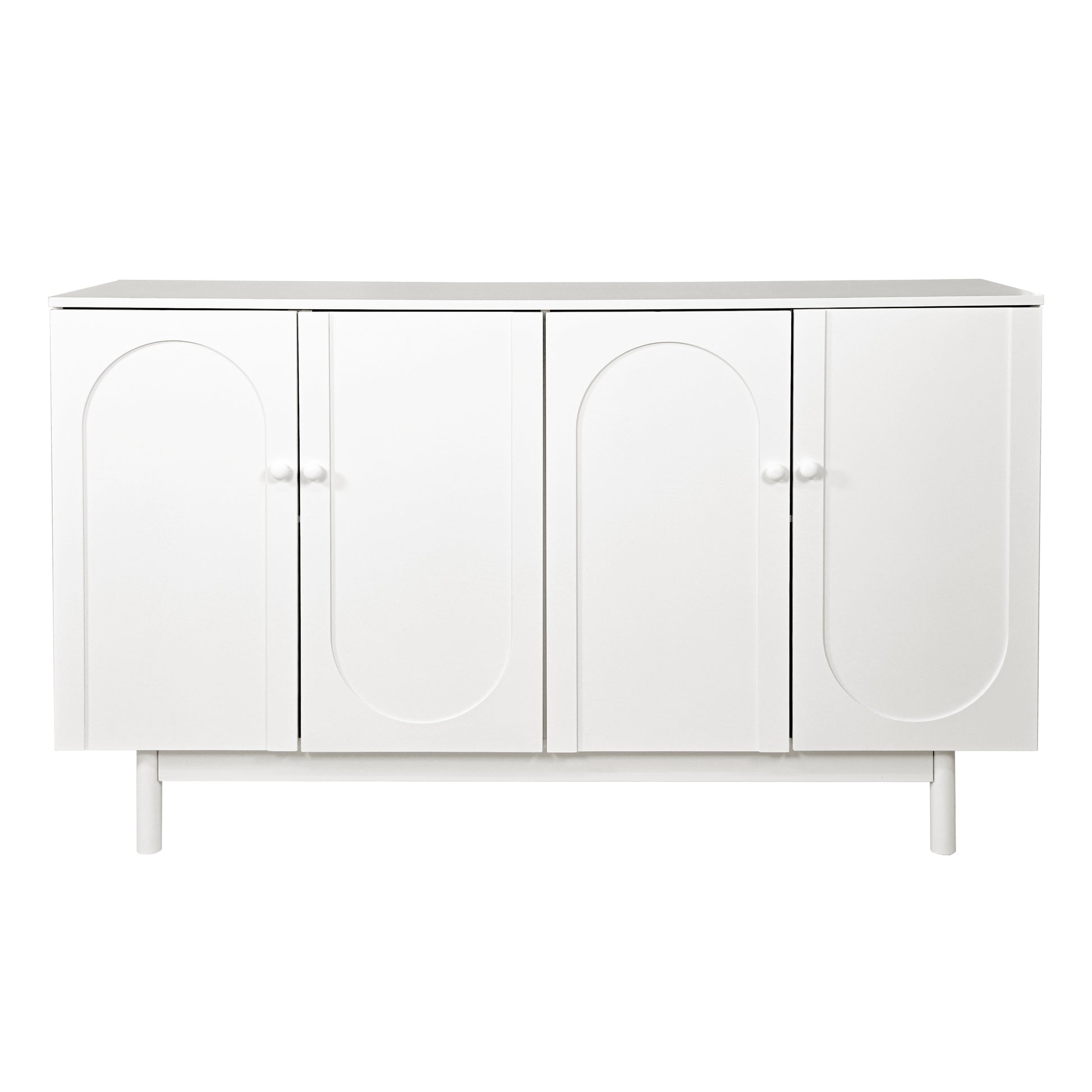 Stylish and Functional 4-Door Intaglio Storage Cabinet with Pine Legs, Solid Wood Pulls and MDF, for Living Room Bedroom,and Kitchen,White