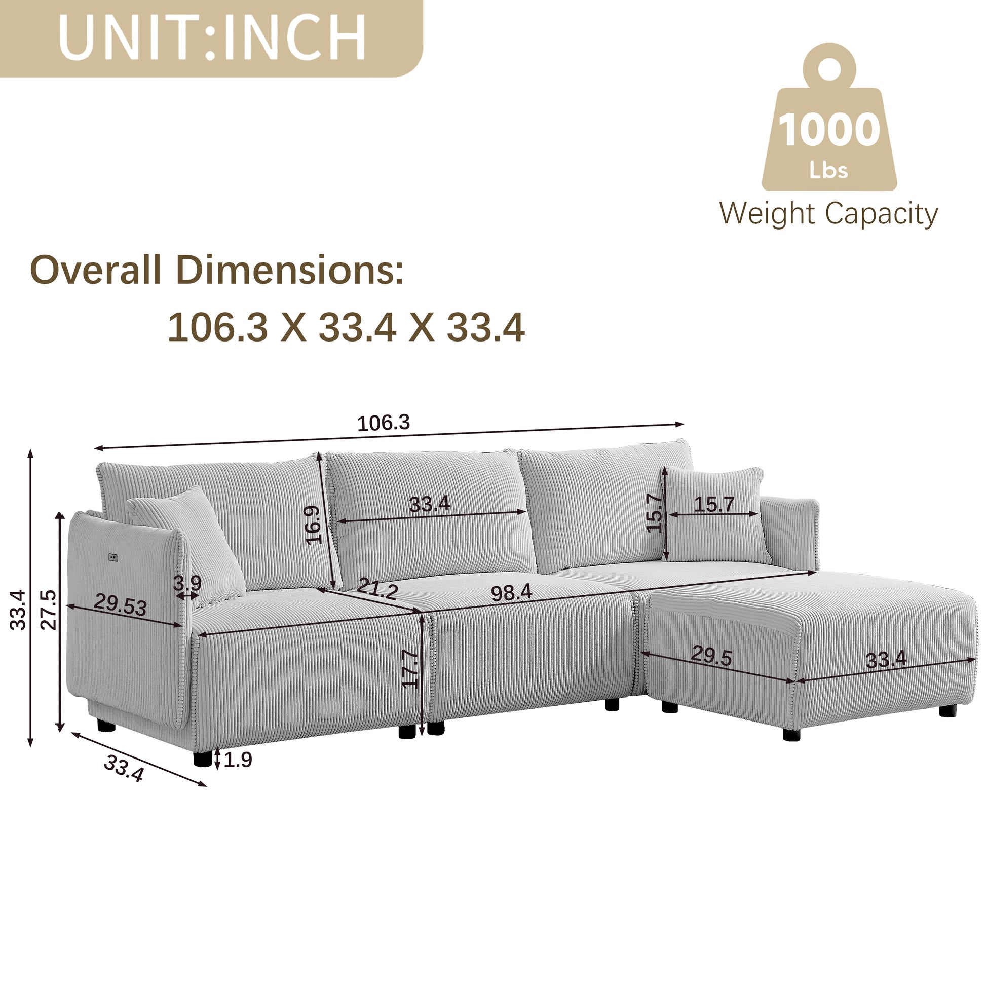 106" Multi-Module Combination Style Sofa for Living Room, Bedroom and Other Lounge Spaces, Modern Minimalist Corduroy Combination Sofa with 2 Comfort Cushions with USB & C Charging Ports,beige