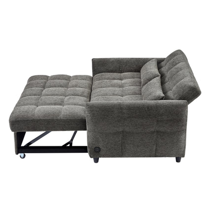 52.8" Loveseat Sofa Pull-out Sofa Bed Tufted Sleeper Sofa with an Adjustable Backrest, Three USB Ports and Two Lumbar Pillows for Living Room, Grey