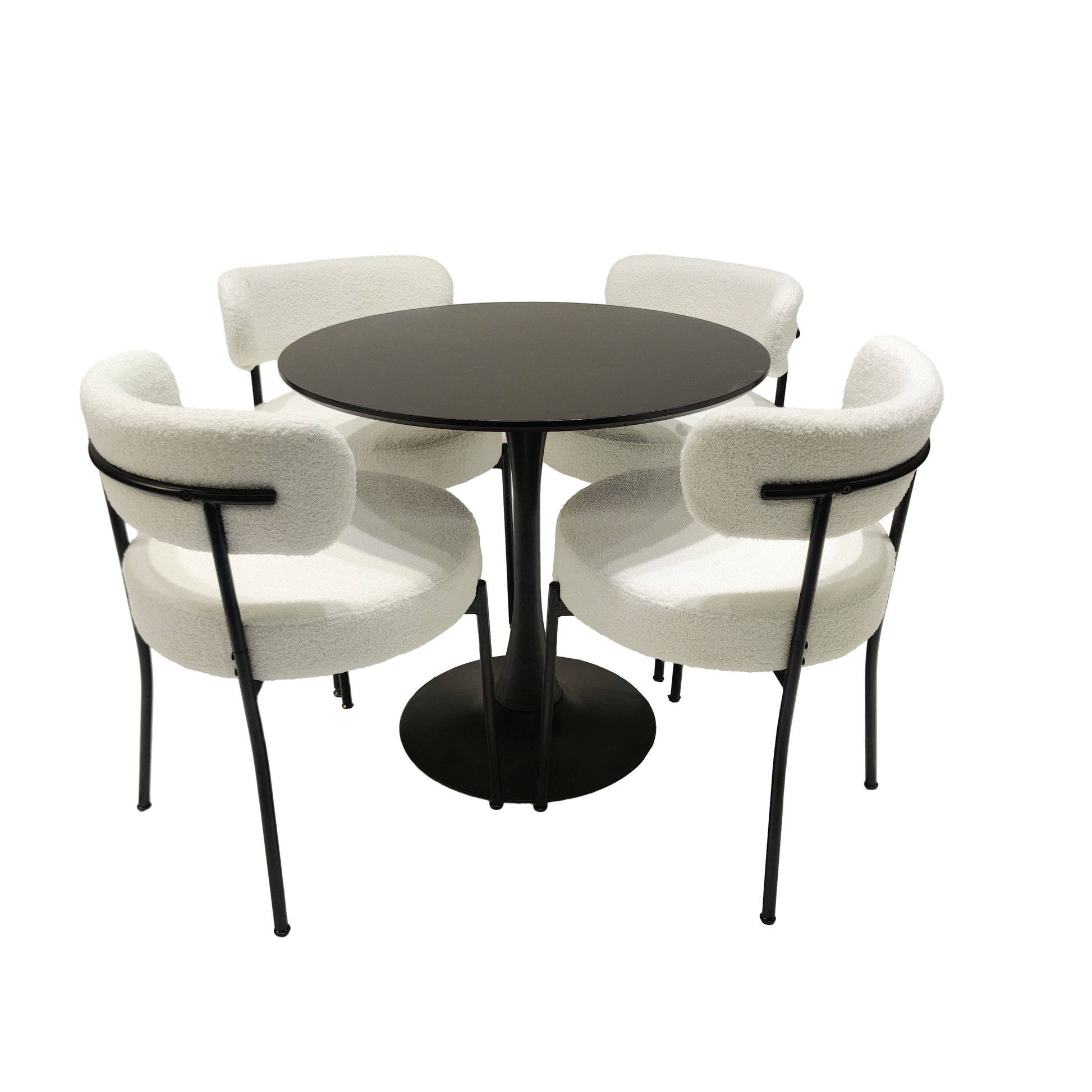 White Dining Chairs Set of 2, Mid-Century Modern Dining Chairs, Kitchen Dining Room Chairs, Curved Backrest Round Upholstered Boucle Dining Chair with Black Metal Legs