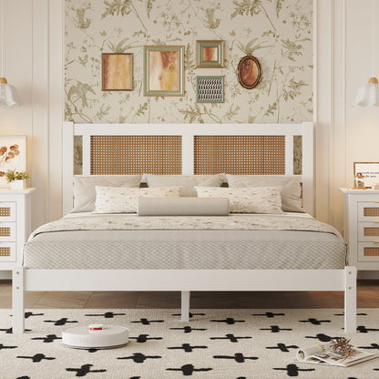 Queen Size Wood Platform Bed with Natural Rattan Headboard,Exquisite Elegance with Minimalist Charm for Bedroom,White