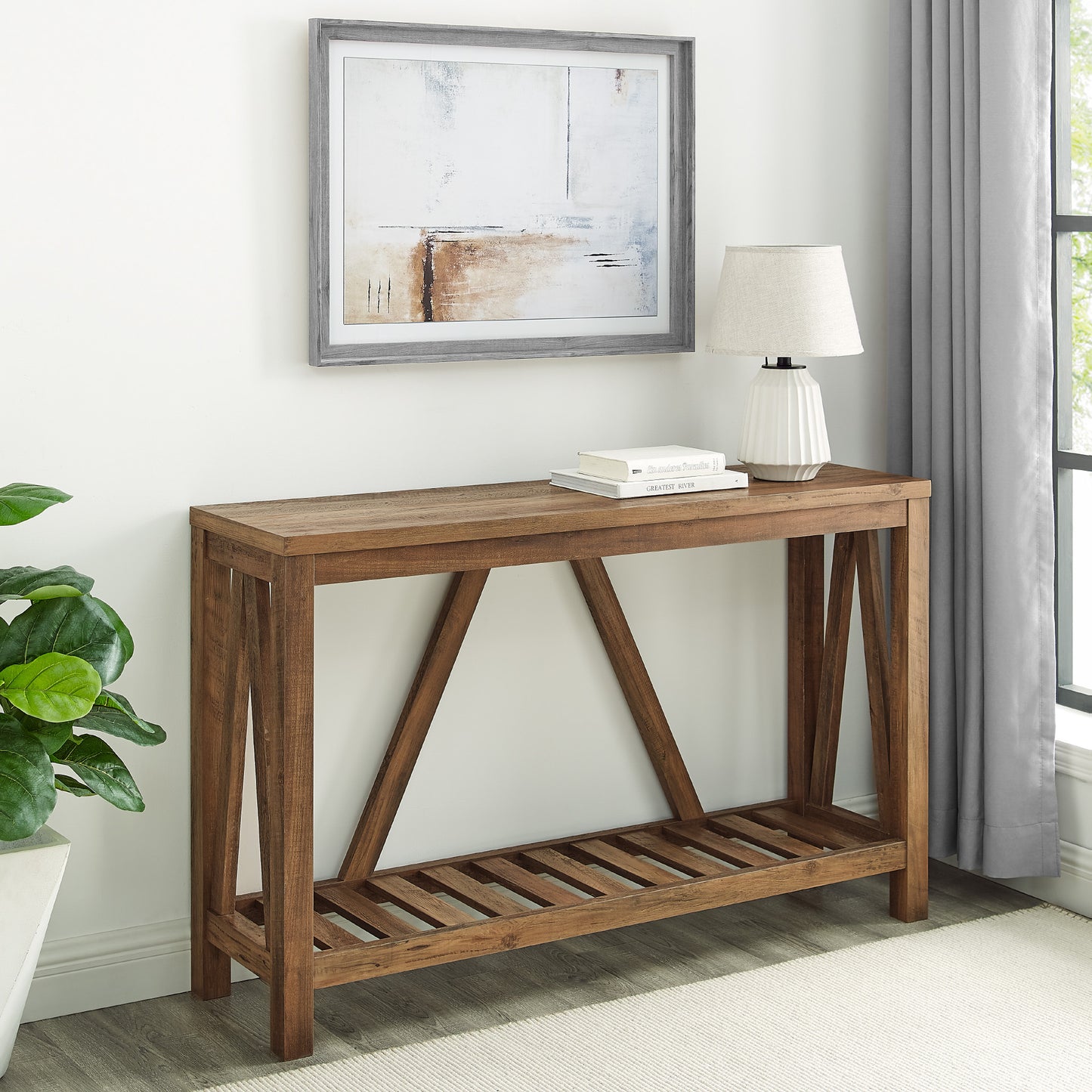 Farmhouse A-Frame Entry Table with Lower Shelf - Rustic Oak