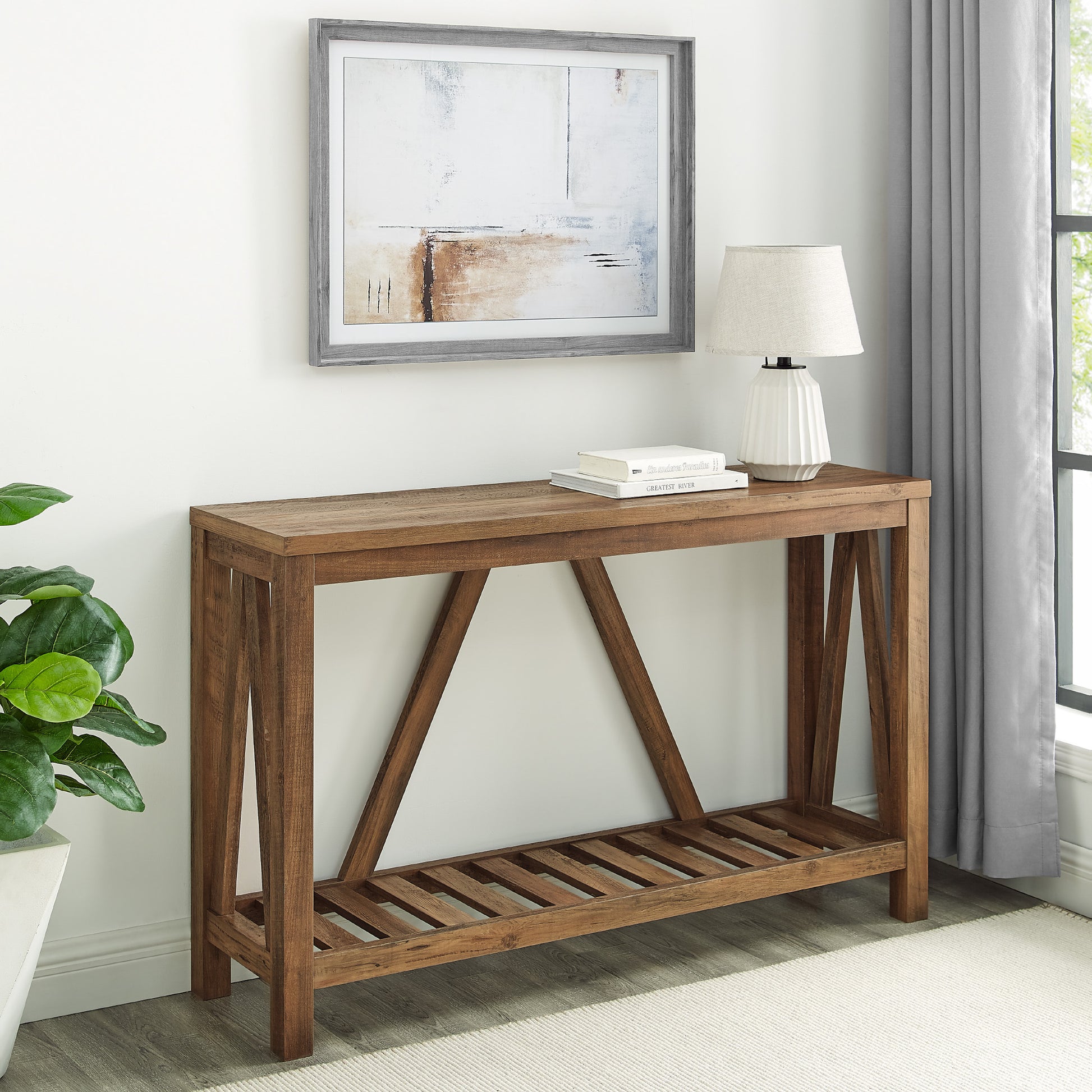 Farmhouse A-Frame Entry Table with Lower Shelf - Rustic Oak