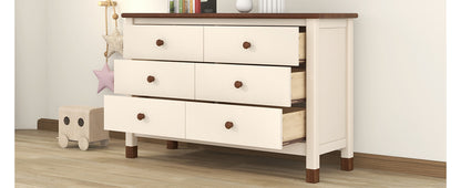 Wooden Storage Dresser with 6 Drawers,Storage Cabinet for kids Bedroom,Cream+Walnut